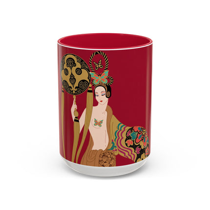 Butterfly Empress of the Crimson Pavilion Colorful Mug (11oz, 15oz) – Art Deco Beauty, Butterfly Elegance & Ornamental Style