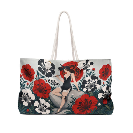 🌹☂️ The Scarlet Parasol Garden Weekender Bag – Art Deco Floral Elegance