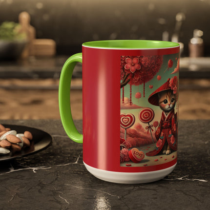 Whimsical Geisha Kitten in a Valentine Garden Colorful Mugs (11oz, 15oz)