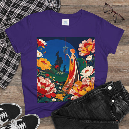 🌺🐦 The Enchanted Birdcage Garden Cotton Tee – Art Deco Floral Fantasy