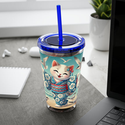 Geisha Kitten by the Seaside Sunsplash Tumbler with Straw, 16oz
