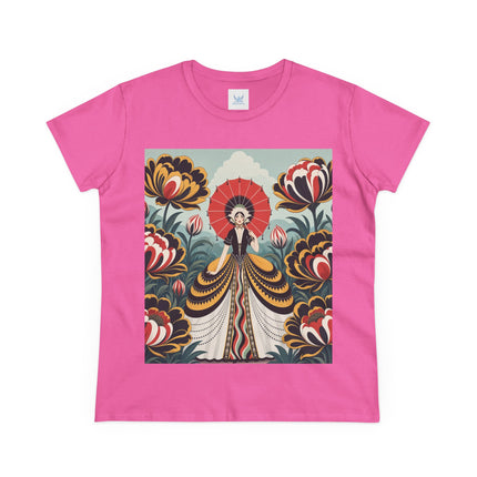 ❤️🌺 The Scarlet Parasol Garden Cotton Tee – Art Deco Floral Elegance