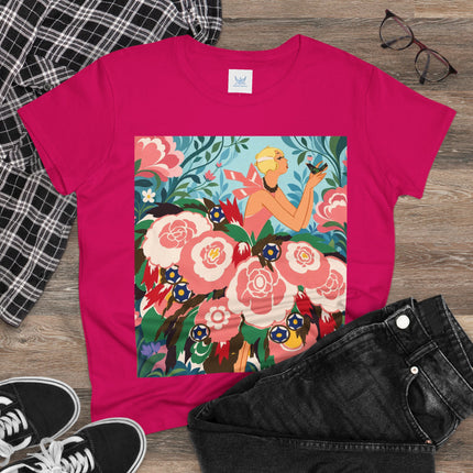 🌸🐦 The Girl Of The Little Birds Cotton Tee – Art Deco Floral Whimsy