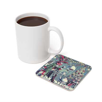 Whimsical Christmas Tea Party Cork Back Coaster