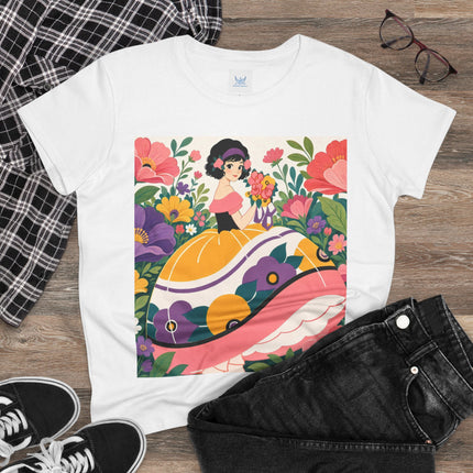 🌸💜 The Girl With The Flower Bouquet Cotton Tee – Art Deco Floral Whimsy
