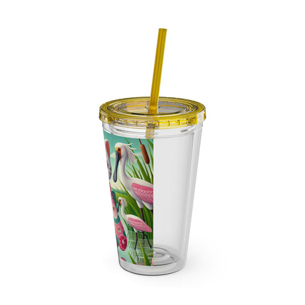 Geisha Kitten Strolls Among the Spoonbills Sunsplash Tumbler with Straw, 16oz