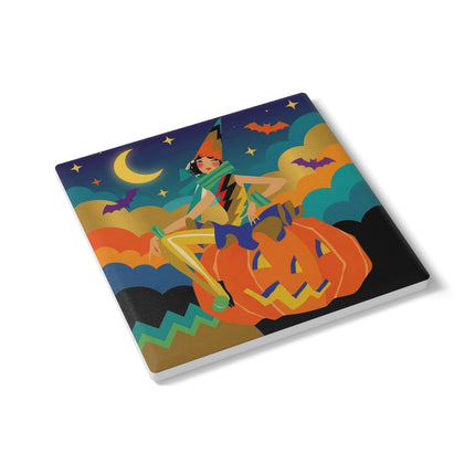 🌙🎃 The Witch Of Crescent Moon Pumpkin Ceramic Coaster – Colorful Halloween Charm