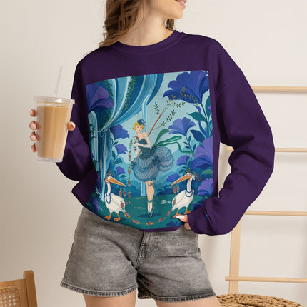 🪶🌺 The Pelican Garden Dance Crewneck Sweatshirt – Art Deco Botanical Whimsy