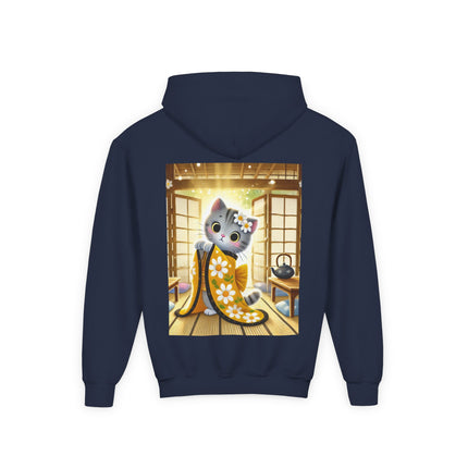 Playful Kitten in the Tea Room Youth Hooded Sweatshirt – Curiosity, Charm & Cozy Comfort