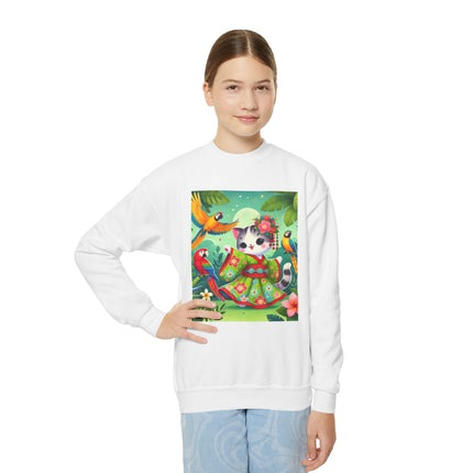 Parrot Dance of the Geisha Kitten Youth Crewneck Sweatshirt – Color, Rhythm & Joyful Expression