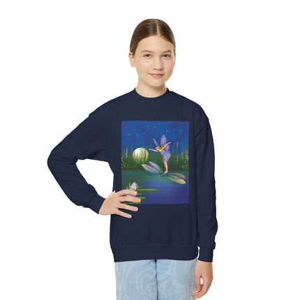 Fairy on a Dragonfly Youth Crewneck Sweatshirt – Enchanting Moonlit Fantasy