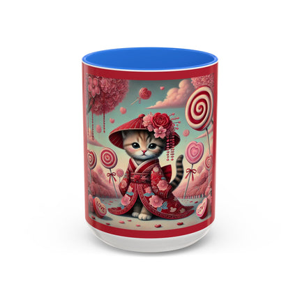 Whimsical Geisha Kitten in a Valentine Garden Colorful Mugs (11oz, 15oz)