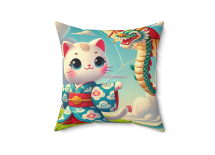 Geisha Kitten and the Dragon Kite Spun Polyester Square Pillow