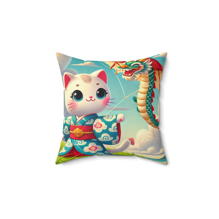 Geisha Kitten and the Dragon Kite Spun Polyester Square Pillow