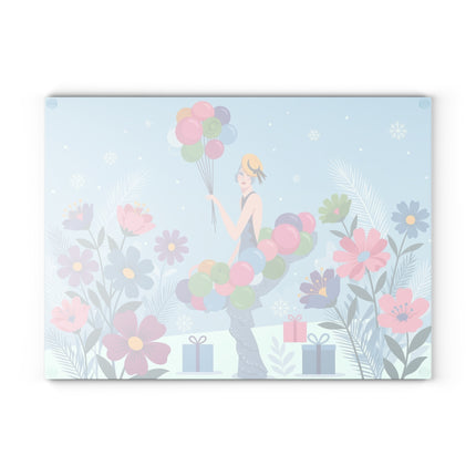 🎈❄️ The Lady Of The Winter Balloon Garden Glass Cutting Board – Art Deco Holiday Fantasy