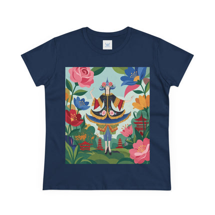 🌸🏯 The Pagoda Garden Enchantress Cotton Tee – Colorful Art Deco Fashion Fantasy