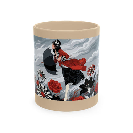 ☂️🌹 The Lady In The Windy Rose Garden Ceramic Mug – Art Deco Fashion Whimsy