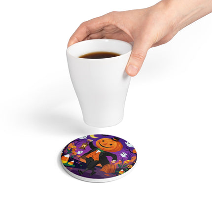 🎃🏮 The Pumpkin Gentleman’s Moonlit Stroll Ceramic Coaster – Whimsical Halloween Charm