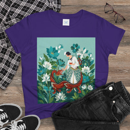 🐉🌿 The Dragon Keeper Cotton Tee – Art Deco Floral Fantasy