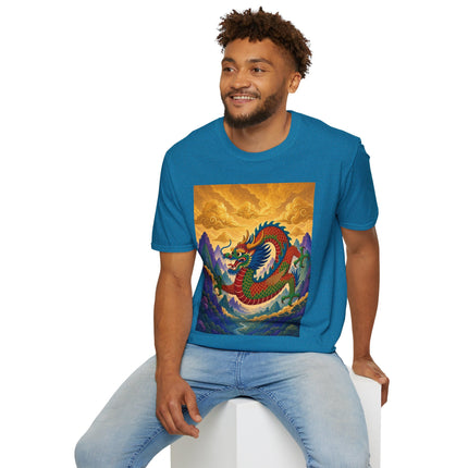 🐉🌄 The Golden Sky Dragon Softstyle T-Shirt – Mystical Mountain Fantasy
