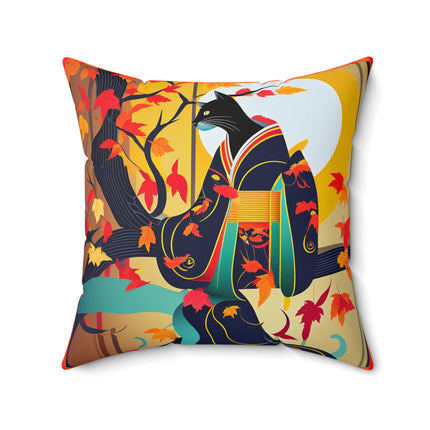 Black Cat in Kimono Spun Polyester Square Pillow