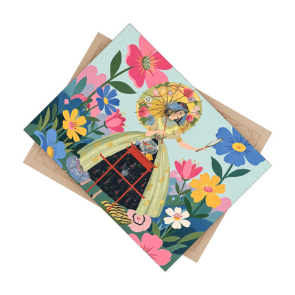 🌸🪞 The Floral Parasol Reflection Ceramic Tile – Art Deco Garden Fantasy