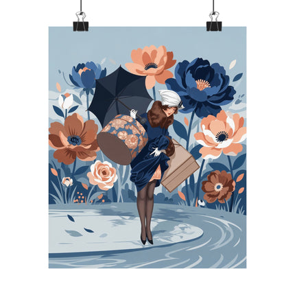 ☂️🌸 The Lady Of The Grand Floral Journey Matte Vertical Poster – Art Deco Fashion Illustration