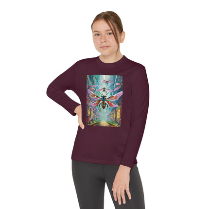 Neon Swarm Youth Long Sleeve Competitor Tee – Cyberpunk Flight & Futuristic Energy
