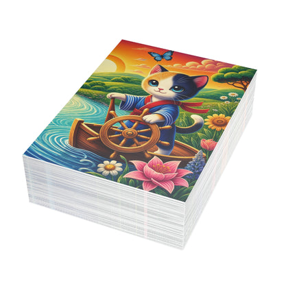 🌅🐱 The Sunset River Sailor Kitten Greeting Card – Whimsical Floral Adventure