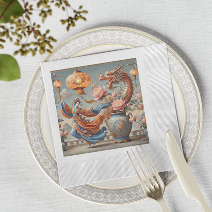 Golden Dragon & Lantern Lady White Coined Napkins – Imperial Dragon & Elegant Harmony