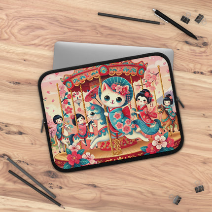 Geisha Kitten's Enchanted Carousel Laptop Sleeve – Whimsical Dreams & Cherry Blossom Magic