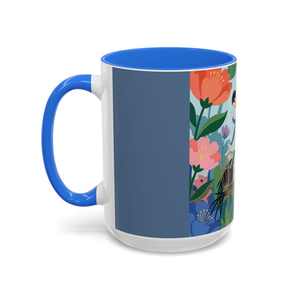 The Lady And The Mysterious Bird Colorful Mugs – Art Deco Botanical Mystery