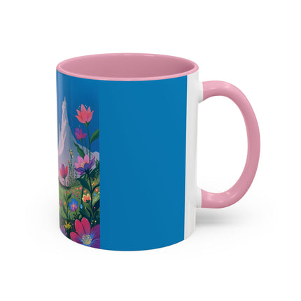 The Lady And The Moonlit Peak Colorful Mugs – Art Deco Alpine Garden Elegance