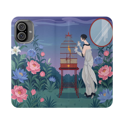 🐦🌸 The Lady And The Golden Bird Flip Case – Art Deco Floral Reverie