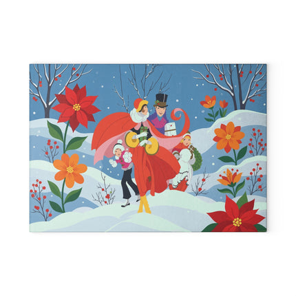 🎄🌺 The Christmas Carolers In The Poinsettia Garden Glass Cutting Board – Whimsical Holiday Fantasy