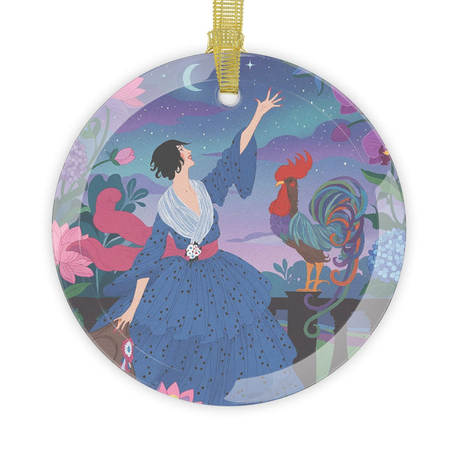 🌙🐓 The Lady And The Morning Song Glass Ornament – Art Deco Botanical Elegance