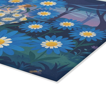 🌼🧶 The Lady Of The Blue Daisy Garden Glass Cutting Board – Art Deco Floral Elegance