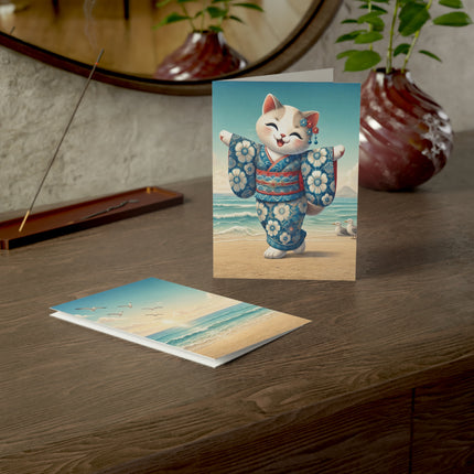 🐱🌊 The Seaside Kimono Kitten Greeting Card – Whimsical Coastal Elegance