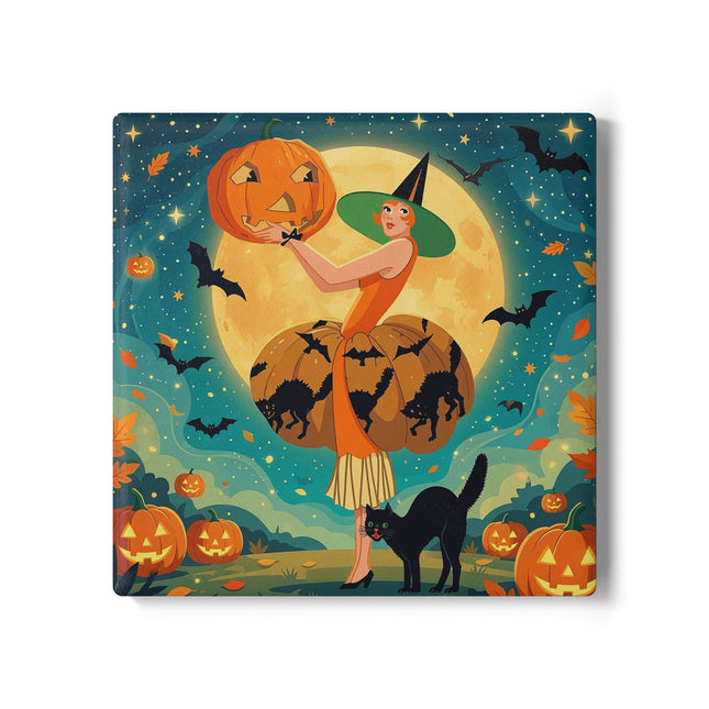 🦇🎃 The Witch Of Batwing Pumpkin Hollow Ceramic Coaster – Moonlit Halloween Charm