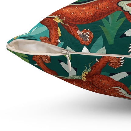 🐉🌿 The Dragon Keeper Square Pillow – Art Deco Floral Fantasy