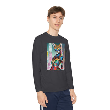 Cyber Cat Glamour Youth Long Sleeve Competitor Tee – Neon Elegance & Futuristic Style