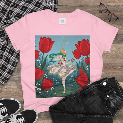 🌷🩰 The Scarlet Tulip Ballet Cotton Tee – Art Deco Floral Whimsy