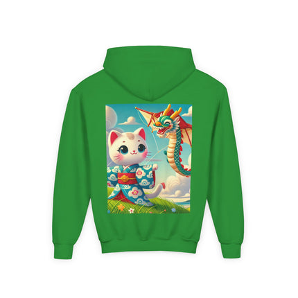 Geisha Kitten and the Dragon Kite Youth Hooded Sweatshirt – Bold Energy & Sky-High Adventure