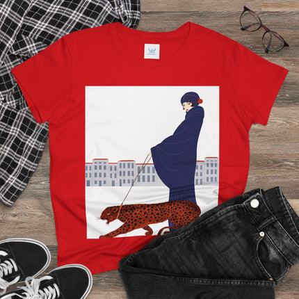 🐆🖤 The Lady With The Leopard Cotton Tee – Art Deco Fashion Illustration