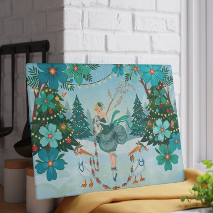 🪶🎄 The Lady Of The Christmas Bird Garden Glass Cutting Board – Art Deco Holiday Fantasy