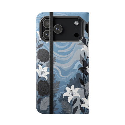 🖤🤍 The Lady Of The Black Rose Garden Flip Case – Art Deco Floral Elegance
