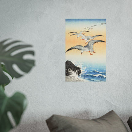 Five Seagulls Above Turbulent Sea by Ohara Koson Fine Art Posters