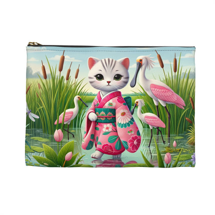 Geisha Kitten Strolls Among the Spoonbills Accessory Pouch – Serene Grace & Marshland Wonder