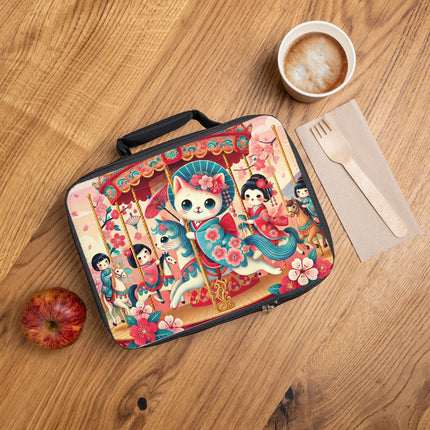 Geisha Kitten's Enchanted Carousel Ride Lunch Bag – Whimsical Dreams & Cherry Blossom Magic