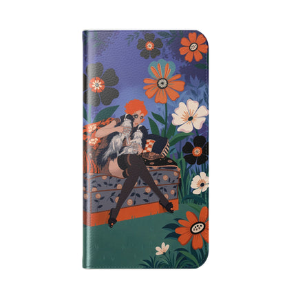 🌺🐈 The Lady Of The Midnight Garden Cat Flip Case – Art Deco Floral Fantasy